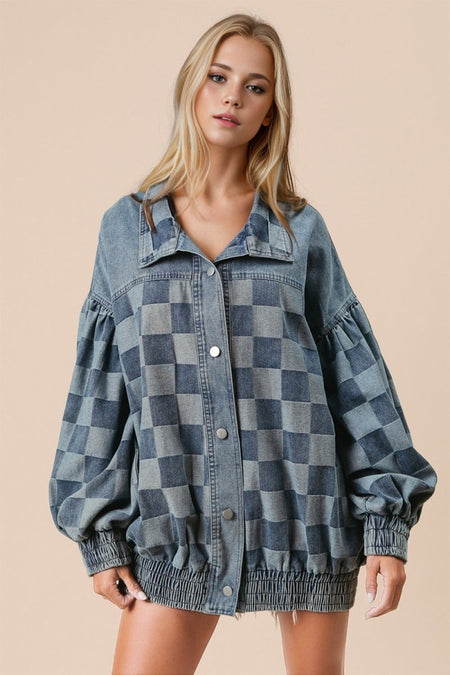 Double Take Checkered Button Up Denim Jacket - S. M. & Co.