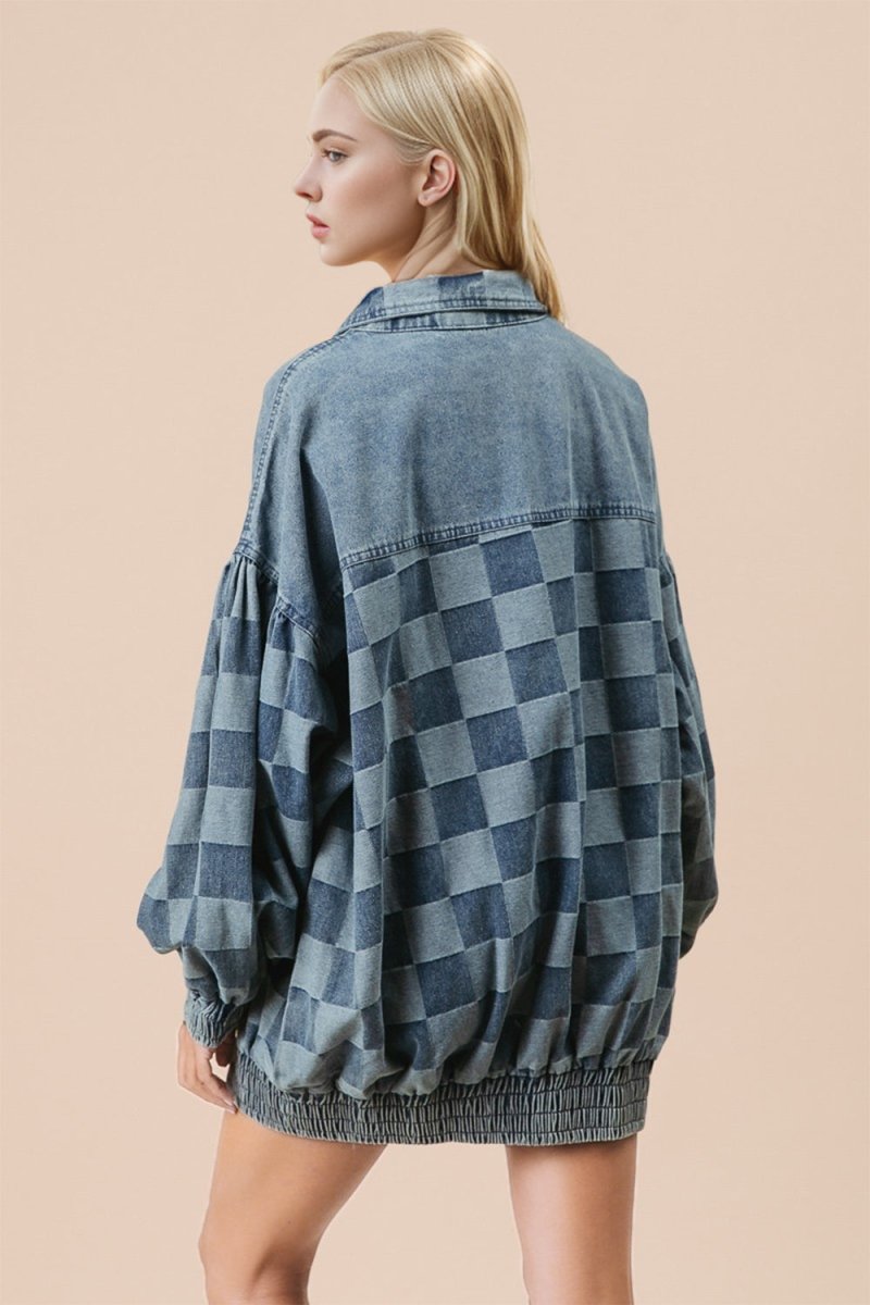 Double Take Checkered Button Up Denim Jacket - S. M. & Co.