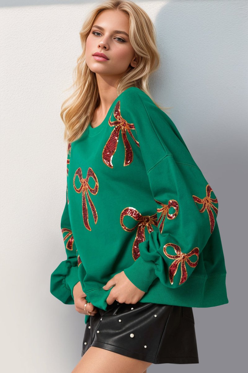 Double Take Christmas Bow Sequin Round Neck Dropped Shoulder Sweatshirt - S. M. & Co.