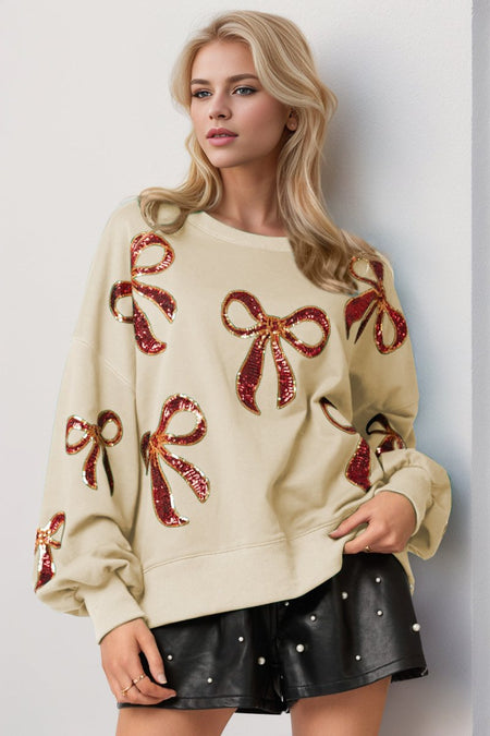 Double Take Christmas Bow Sequin Round Neck Dropped Shoulder Sweatshirt - S. M. & Co.