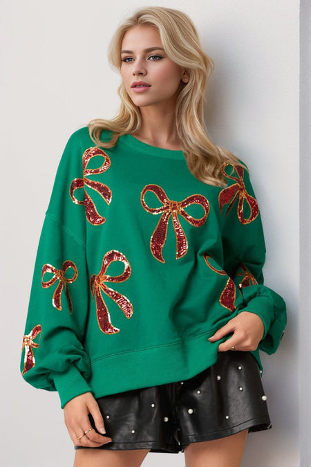 Double Take Christmas Bow Sequin Round Neck Dropped Shoulder Sweatshirt - S. M. & Co.