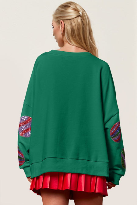 Double Take Christmas Element Sequin Round Neck Long Sleeve Sweatshirt - S. M. & Co.