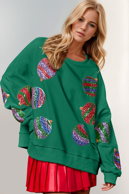 Double Take Christmas Element Sequin Round Neck Long Sleeve Sweatshirt - S. M. & Co.