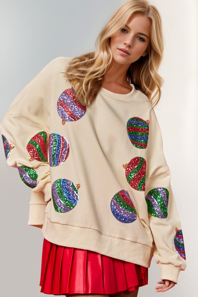 Double Take Christmas Element Sequin Round Neck Long Sleeve Sweatshirt - S. M. & Co.