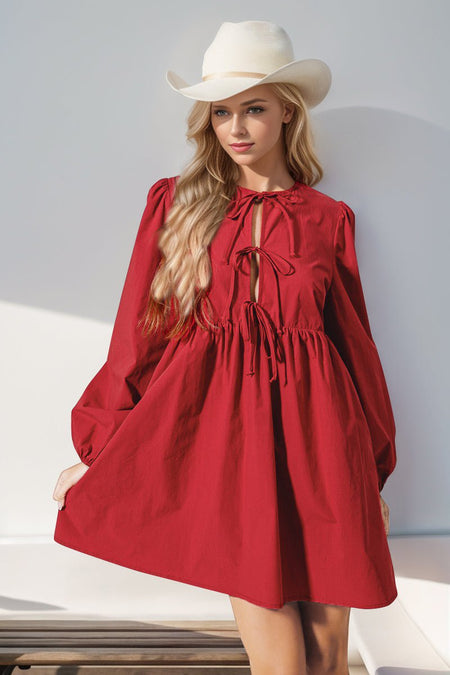 Double Take Christmas Front Tied Long Sleeve Mini Dress - S. M. & Co.