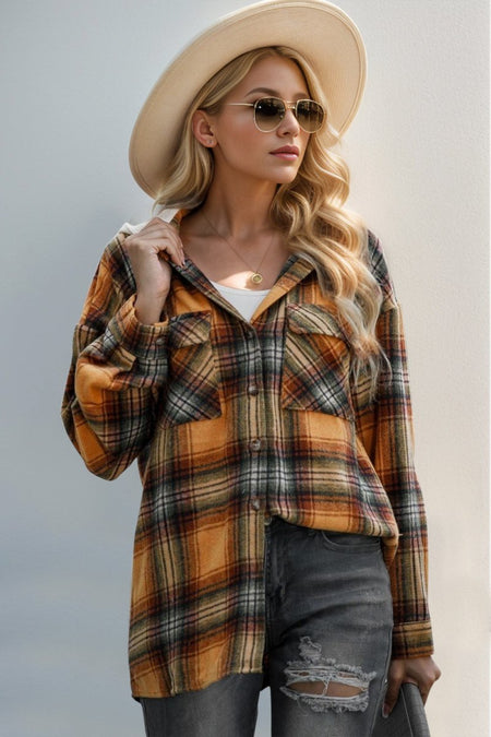 Double Take Drawstring Plaid Long Sleeve Hooded Shacket - S. M. & Co.