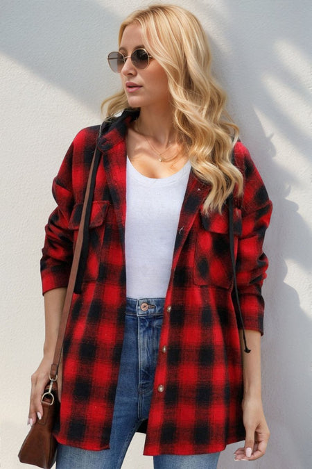 Double Take Drawstring Plaid Long Sleeve Hooded Shacket - S. M. & Co.