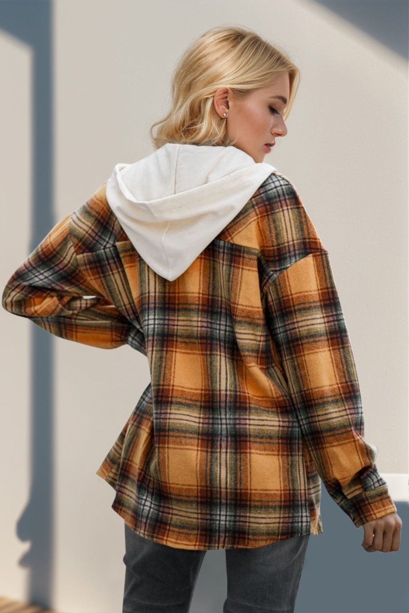 Double Take Drawstring Plaid Long Sleeve Hooded Shacket - S. M. & Co.