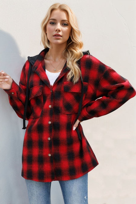 Double Take Drawstring Plaid Long Sleeve Hooded Shacket - S. M. & Co.