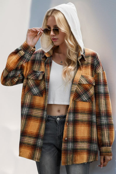 Double Take Drawstring Plaid Long Sleeve Hooded Shacket - S. M. & Co.