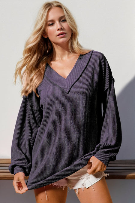 Double Take Exposed Seam Ribbed Textured V - Neck Long Sleeve T-Shirt - S. M. & Co.