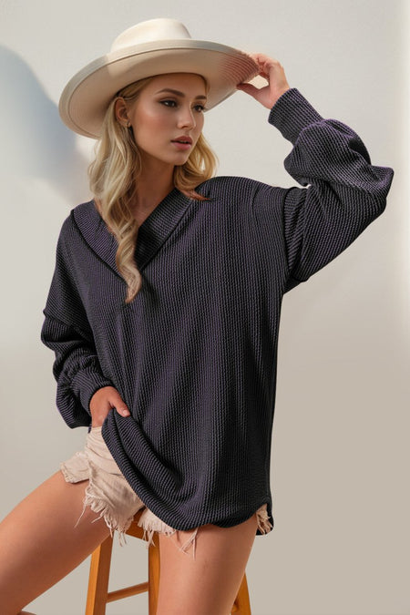 Double Take Exposed Seam Ribbed Textured V - Neck Long Sleeve T-Shirt - S. M. & Co.