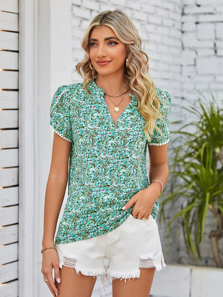 Double Take Floral Notched Neck Blouse - S. M. & Co. Shirts & Tops