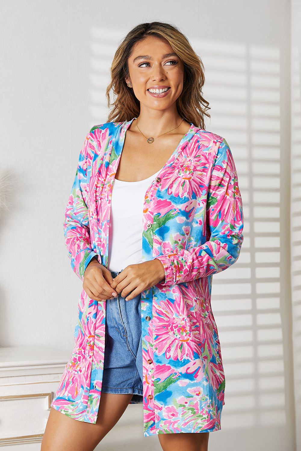 Double Take Floral Open Front Long Sleeve Cardigan - S. M. & Co.