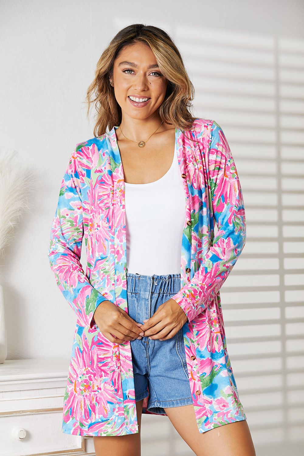 Double Take Floral Open Front Long Sleeve Cardigan - S. M. & Co.