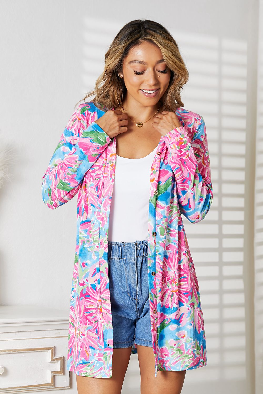 Double Take Floral Open Front Long Sleeve Cardigan - S. M. & Co.