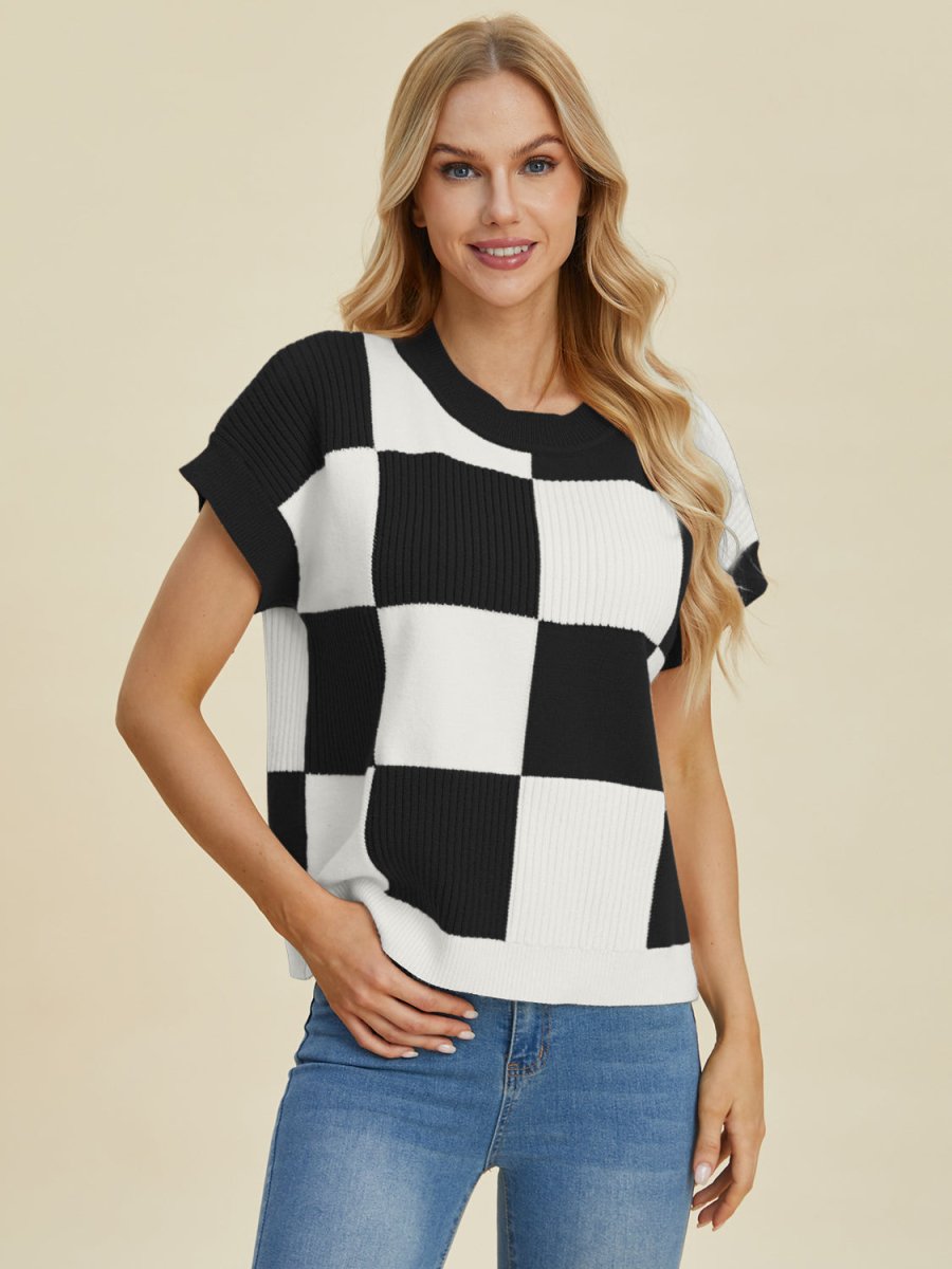 Double Take Full Size Checkered Round Neck Short Sleeve Sweater - S. M. & Co.