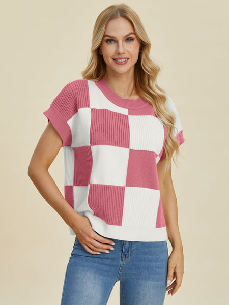 Double Take Full Size Checkered Round Neck Short Sleeve Sweater - S. M. & Co.