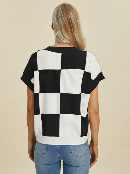 Double Take Full Size Checkered Round Neck Short Sleeve Sweater - S. M. & Co.