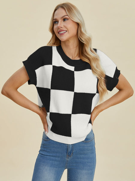 Double Take Full Size Checkered Round Neck Short Sleeve Sweater - S. M. & Co.