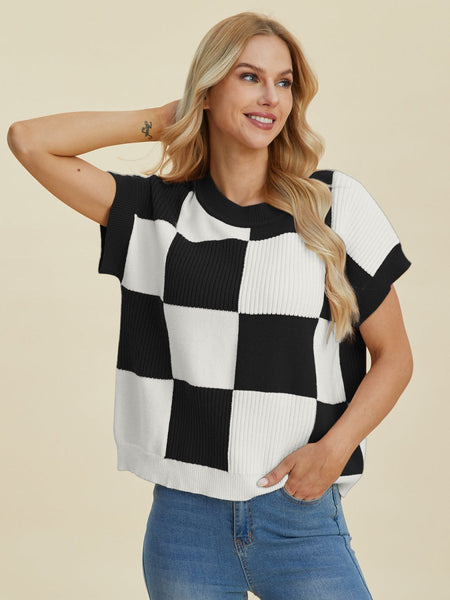 Double Take Full Size Checkered Round Neck Short Sleeve Sweater - S. M. & Co.