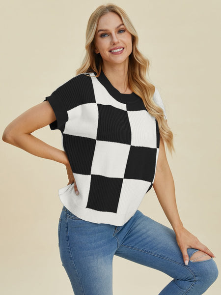 Double Take Full Size Checkered Round Neck Short Sleeve Sweater - S. M. & Co.