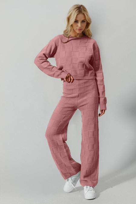 Double Take Full Size Checkered Round Neck Top and Pants Set - S. M. & Co.