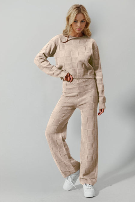 Double Take Full Size Checkered Round Neck Top and Pants Set - S. M. & Co.