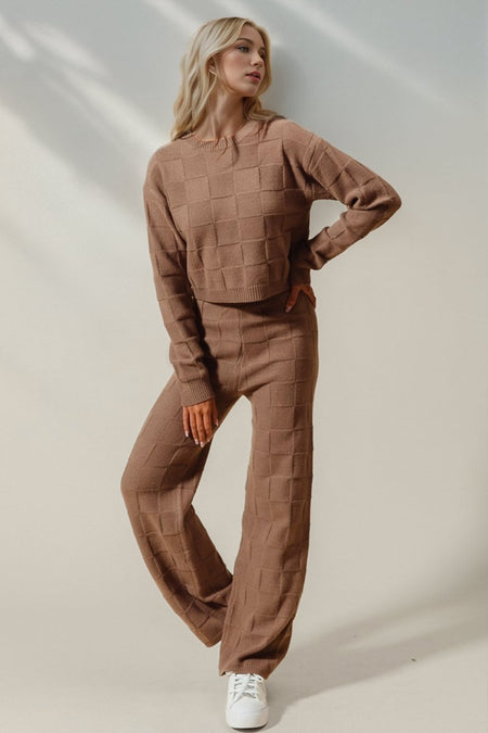 Double Take Full Size Checkered Round Neck Top and Pants Set - S. M. & Co.