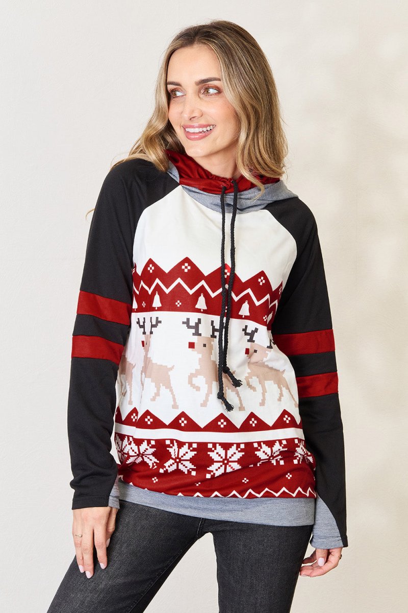 Double Take Full Size Christmas Drawstring Long Sleeve Hoodie - S. M. & Co.