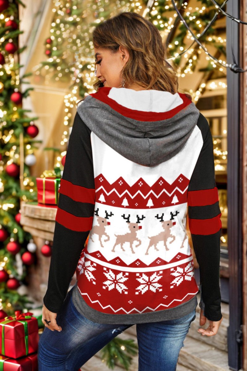 Double Take Full Size Christmas Drawstring Long Sleeve Hoodie - S. M. & Co.