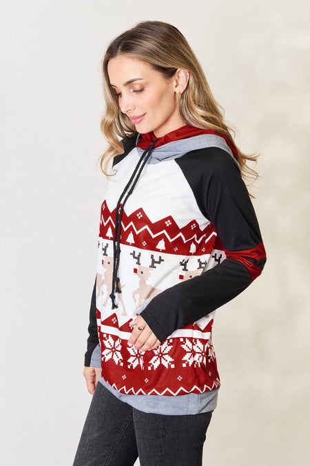 Double Take Full Size Christmas Drawstring Long Sleeve Hoodie - S. M. & Co.