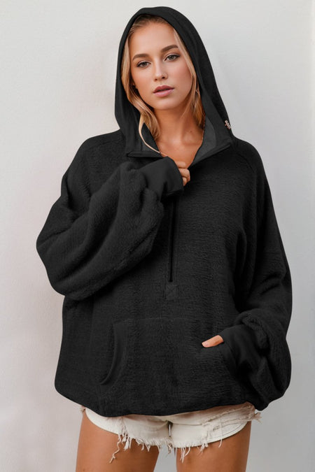 Double Take Full Size Half Zip Long Sleeve Hoodie with Kangaroo Pocket - S. M. & Co.