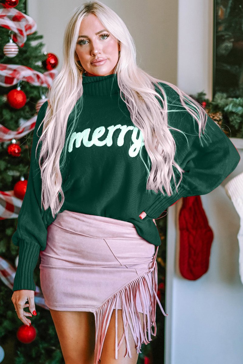 Double Take Full Size Merry Christmas Turtleneck Long Sleeve Sweater - S. M. & Co.