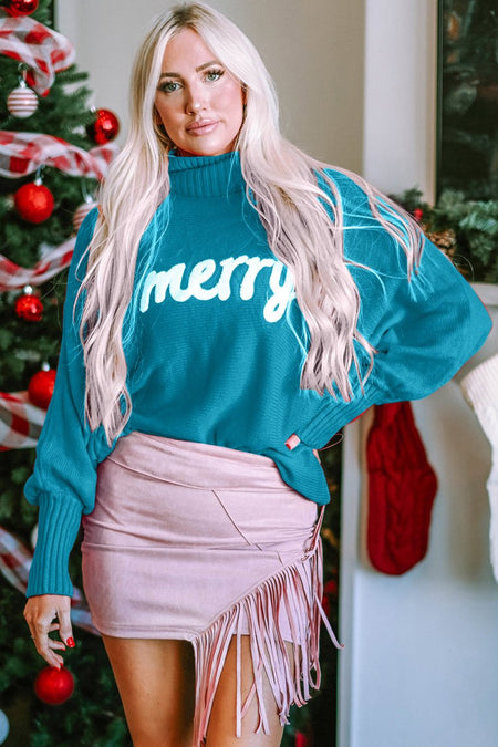 Double Take Full Size Merry Christmas Turtleneck Long Sleeve Sweater - S. M. & Co.