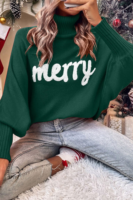 Double Take Full Size Merry Christmas Turtleneck Long Sleeve Sweater - S. M. & Co.