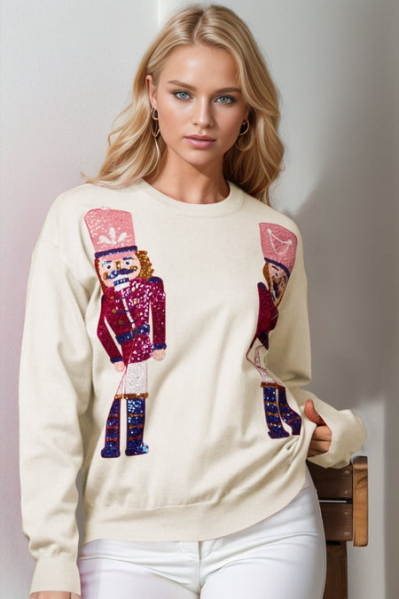 Double Take Full Size Nutcracker Sequin Long Sleeve Sweater - S. M. & Co.