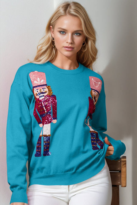 Double Take Full Size Nutcracker Sequin Long Sleeve Sweater - S. M. & Co.