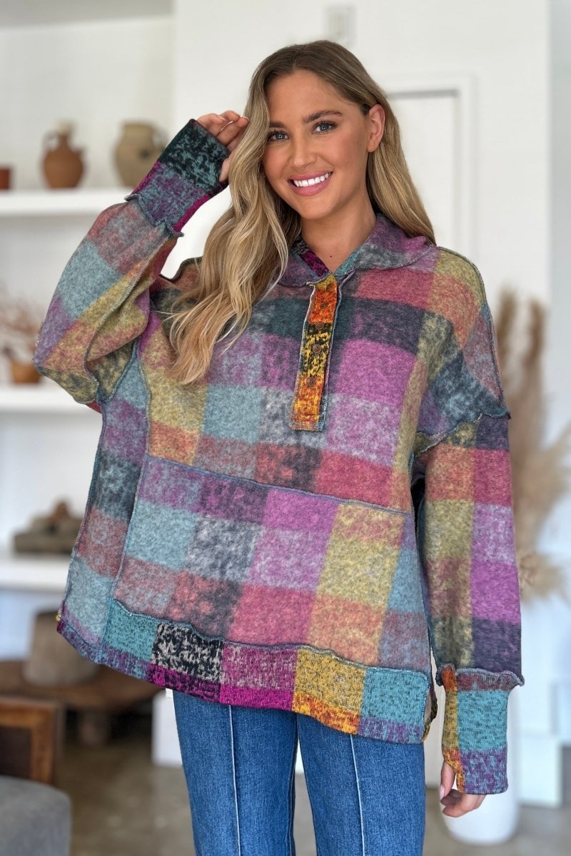 Double Take Full Size Plaid Dropped Shoulder Fleece Hoodie - S. M. & Co.