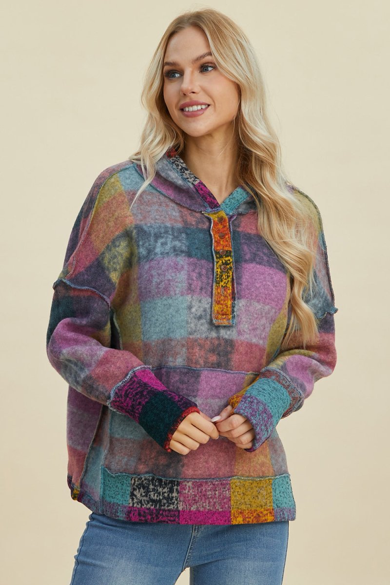 Double Take Full Size Plaid Dropped Shoulder Fleece Hoodie - S. M. & Co.