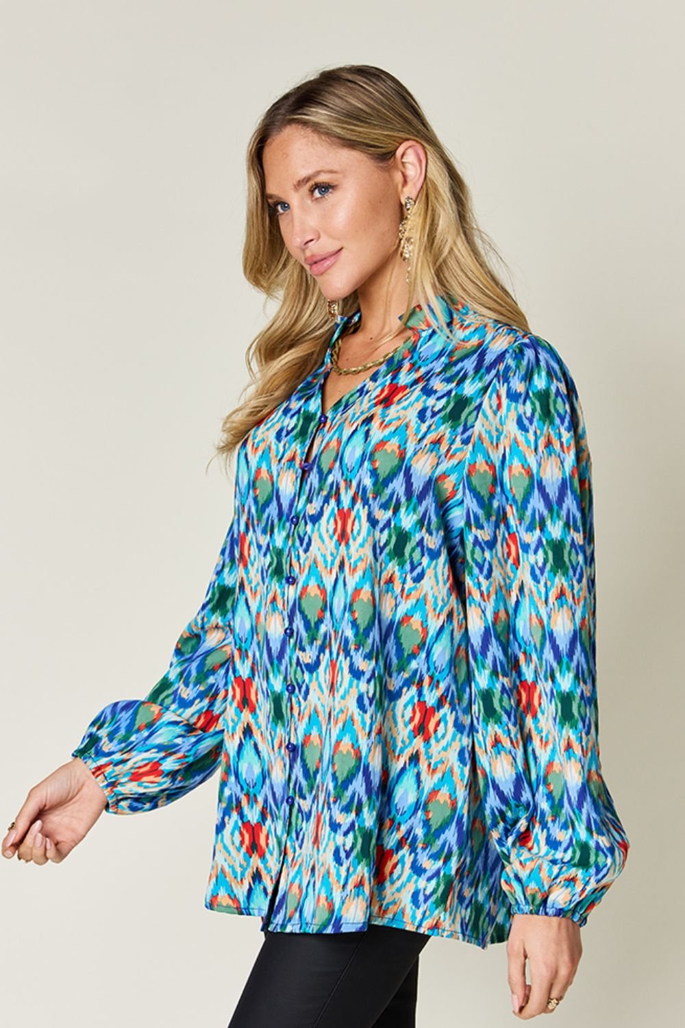 Double Take Full Size Printed Balloon Sleeve Blouse - S. M. & Co. Shirts & Tops