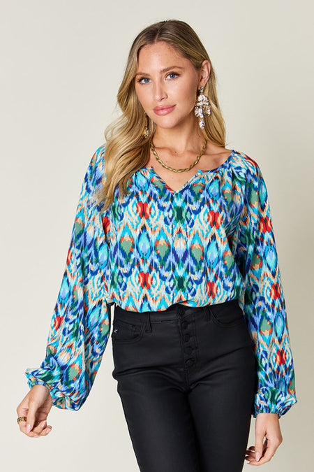 Double Take Full Size Printed Balloon Sleeve Blouse - S. M. & Co.