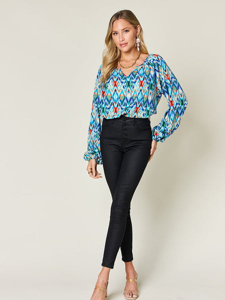 Double Take Full Size Printed Balloon Sleeve Blouse - S. M. & Co.