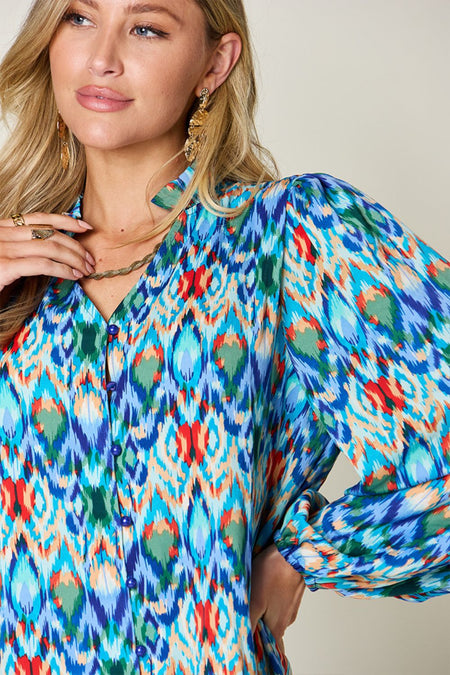 Double Take Full Size Printed Balloon Sleeve Blouse - S. M. & Co. Shirts & Tops