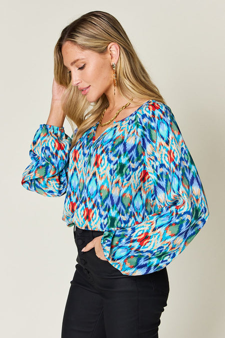 Double Take Full Size Printed Balloon Sleeve Blouse - S. M. & Co.