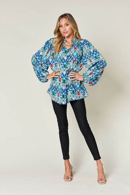 Double Take Full Size Printed Balloon Sleeve Blouse - S. M. & Co. Shirts & Tops