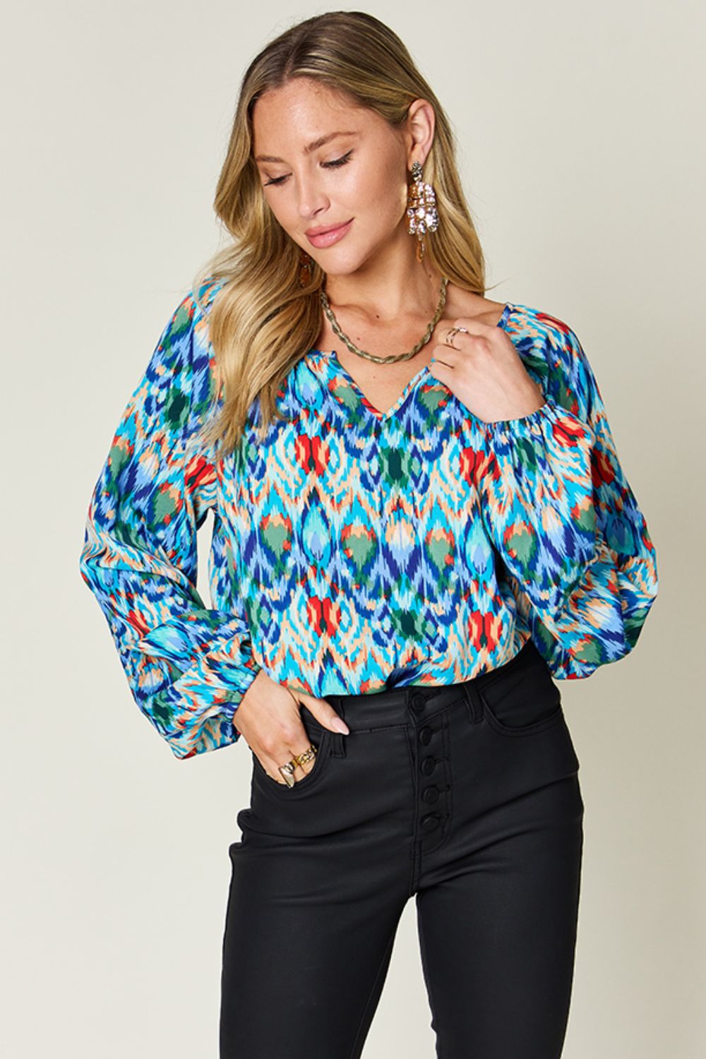 Double Take Full Size Printed Balloon Sleeve Blouse - S. M. & Co.