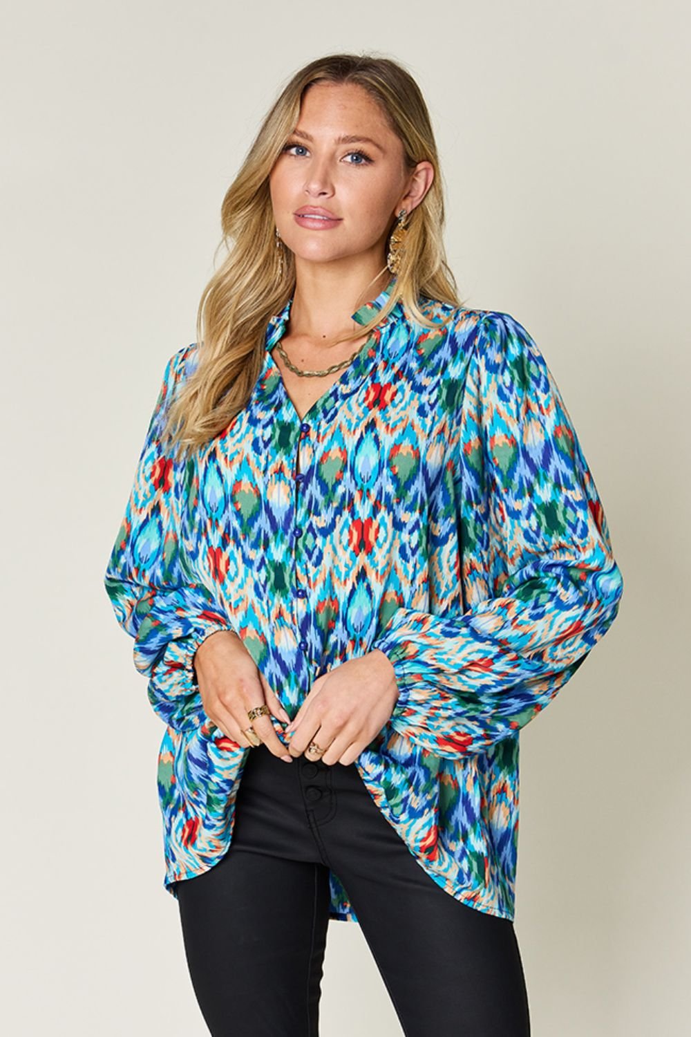 Double Take Full Size Printed Balloon Sleeve Blouse - S. M. & Co. Shirts & Tops