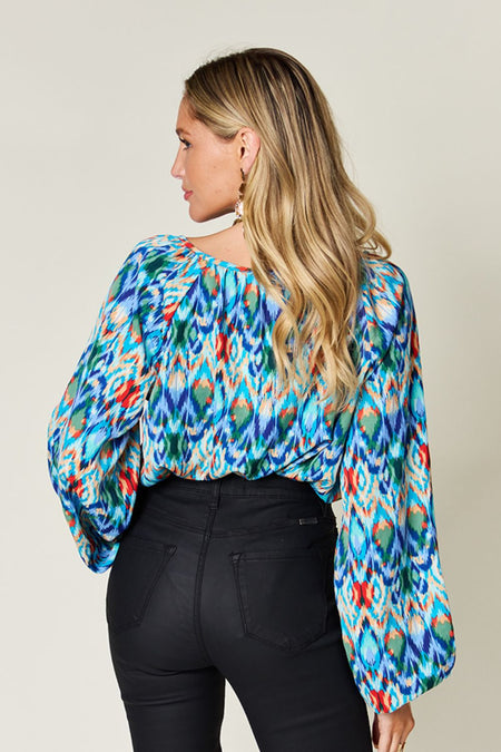 Double Take Full Size Printed Balloon Sleeve Blouse - S. M. & Co.