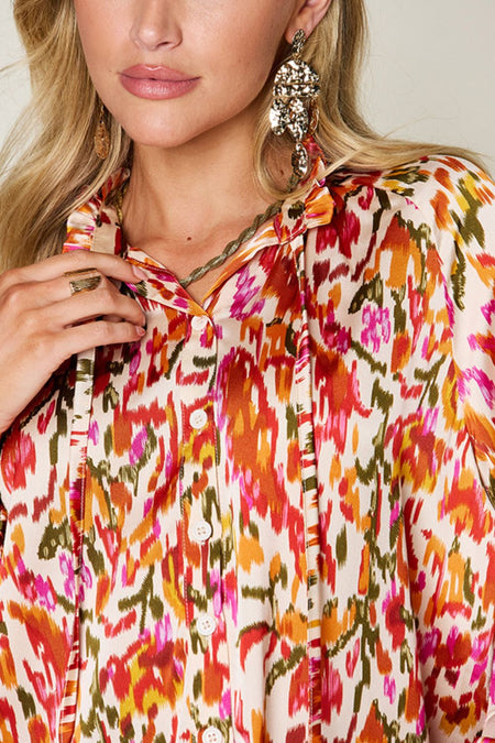 Double Take Full Size Printed Button Up Long Sleeve Shirt - S. M. & Co.